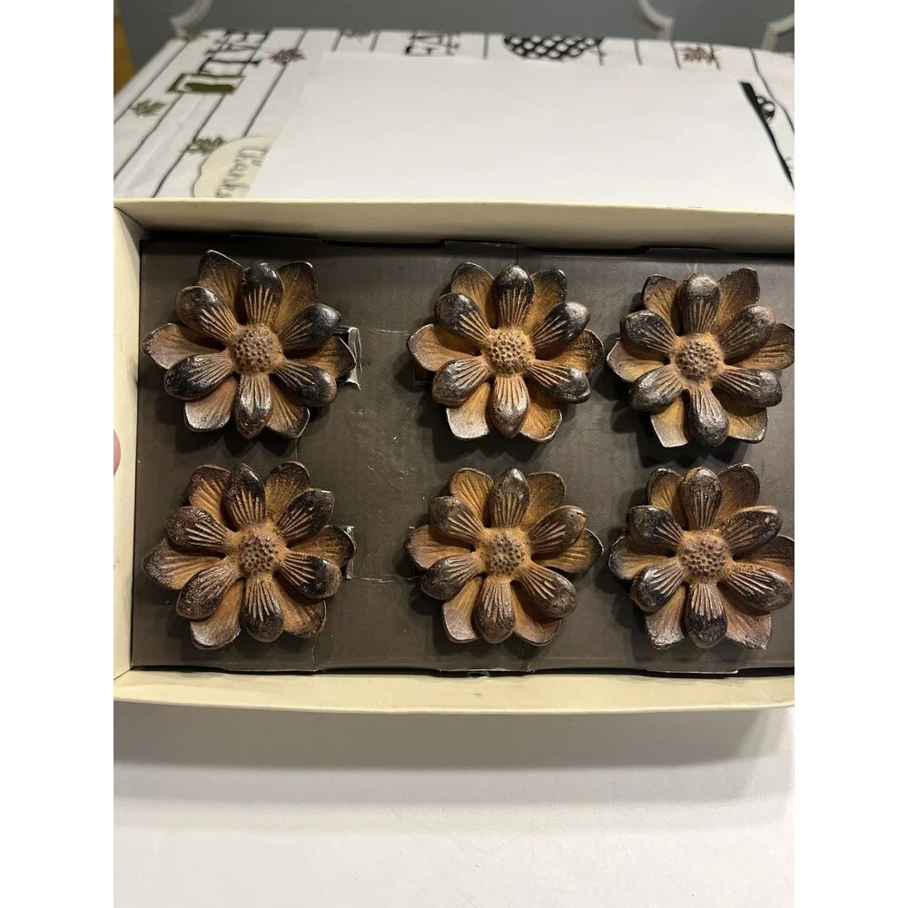 6pc Pottery Barn Metal Flower Napkin Rings New